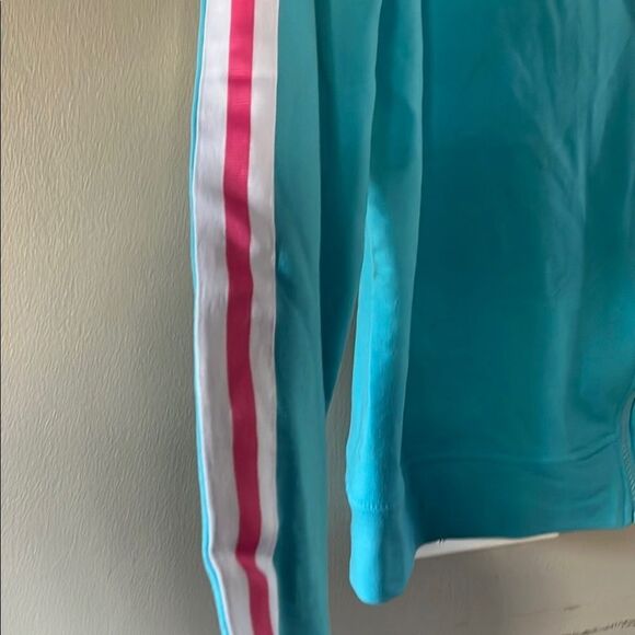 Teal Zip-Up Jacket with White and Pink Stripe down the arm. - Picture 3 of 4